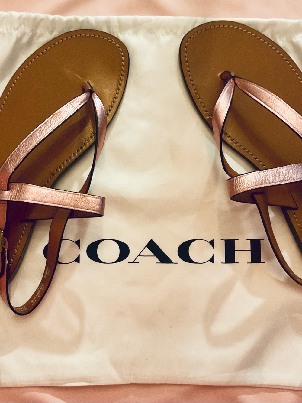 COACH Rose Metallic Leather Thong Sandals with Tan Footbed